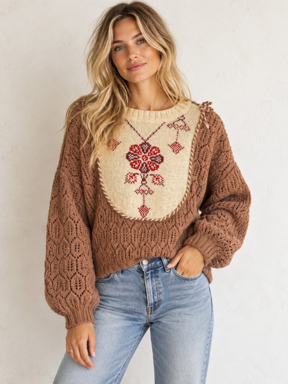 Vintage Crochet Hand knit Two Tone Floral Sweater Top M - Picture 1 of 6